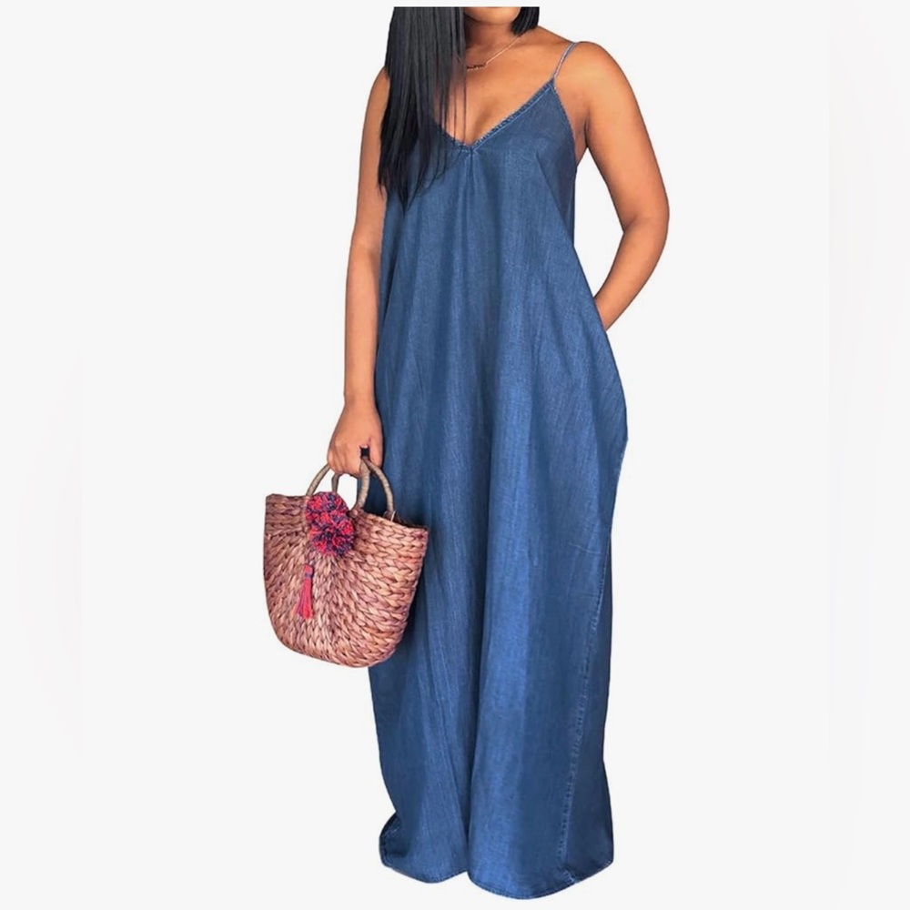 Lightweight Blue Denim Maxi Dress with adjustable straps and pockets